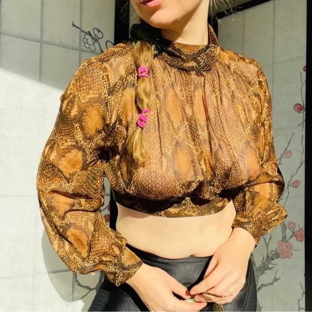 Zara Snake Gold Dramatic Balloon Sleeves Sheer Crop Top